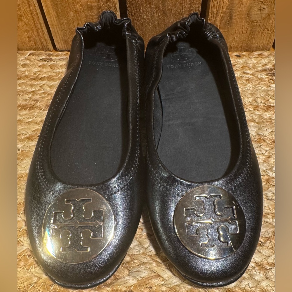 Tory Burch Black Flats with Gold Logo